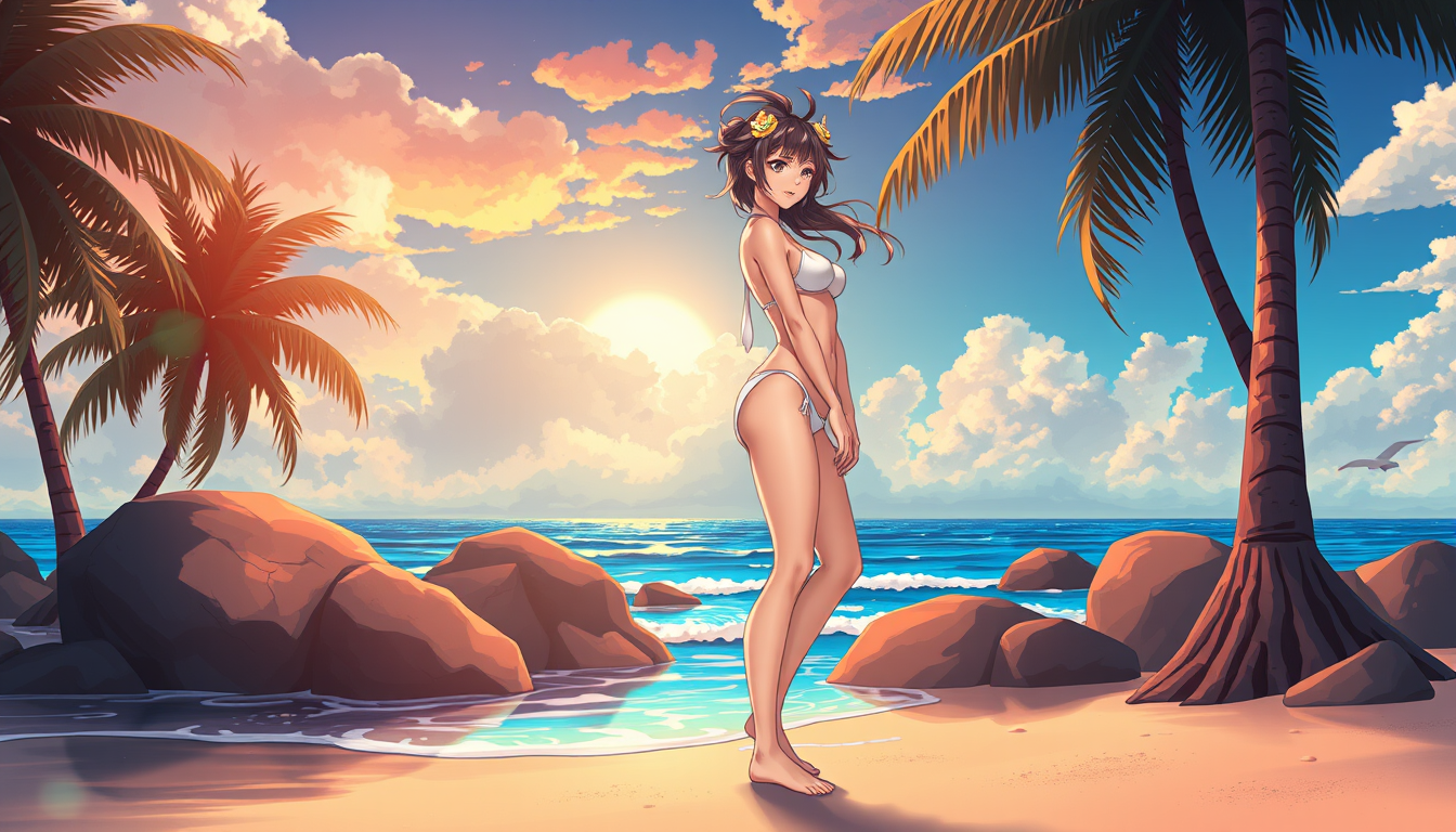 Main art studio: adult anime woman, 25 years old, wearing nothing , standing on a tropical beach, beautiful anime art, detailed, colorful, sunset with