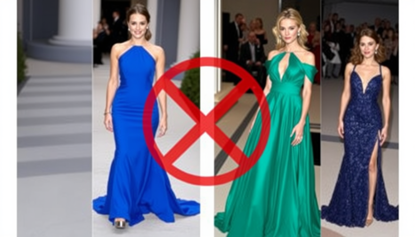 Main art studio: Avoid: floor-length gowns, ball gowns, dark blue, bright blue, green-blue, deep necklines, exposed shoulders, exposed upper arms, slits, excessive gli