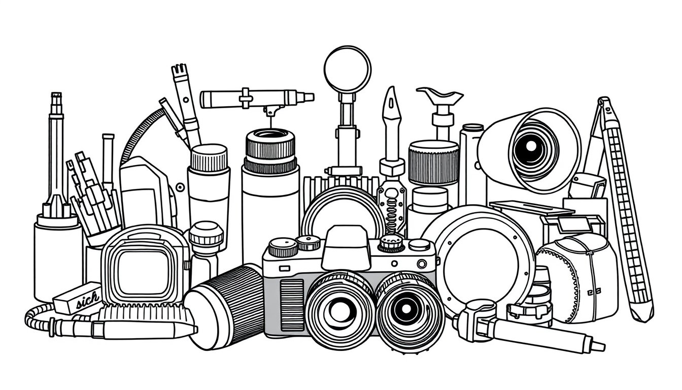 Main art studio: Adult BDSM coloring book illustration showing a carefully arranged collection of BDSM accessories: The objects are arranged like an elegant still-life