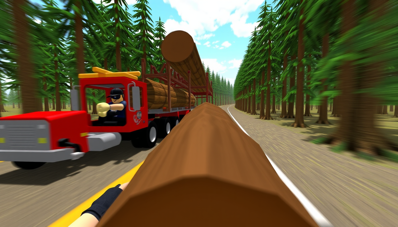 Main art studio: Roblox Lumber Tycoon 2 gameplay. A player drives a red logging truck slowly through a forest. One large log falls from the truck and rolls toward the