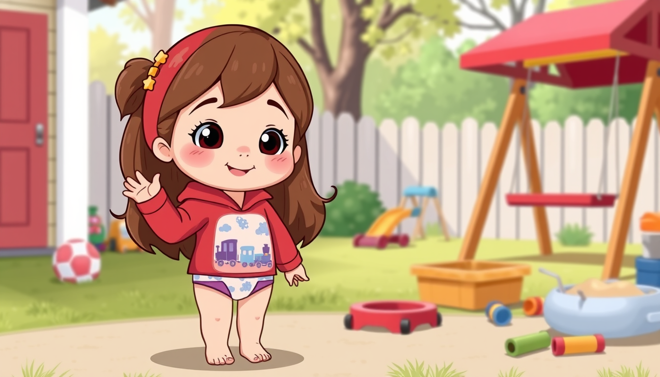 Main art studio: Cute Cartoon image of a 4 year old girl with brown long hair, red long sleeve hoodie, purple and white ubderwear briefs with blue trains on it, and ba