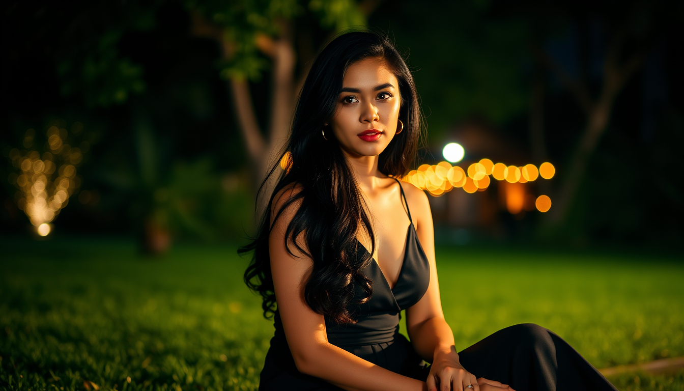 Main art studio: Beautiful elegant Arab woman, natural beauty, long dark hair, wearing a sophisticated black dress, sitting peacefully in a beautiful green garden at n