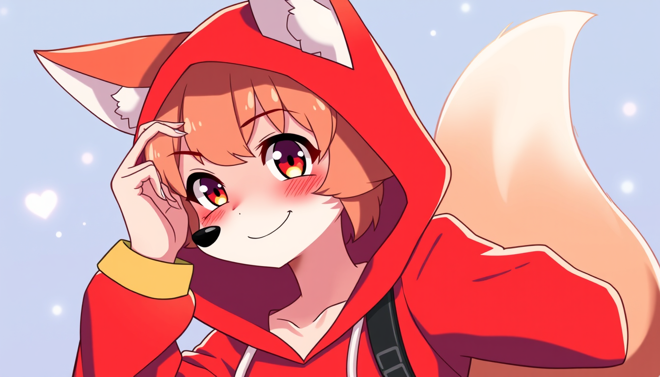 Main art studio: Do a fox girl with a red crop hoodie with yellow sleeves and a smiling expression . 4k, anime style