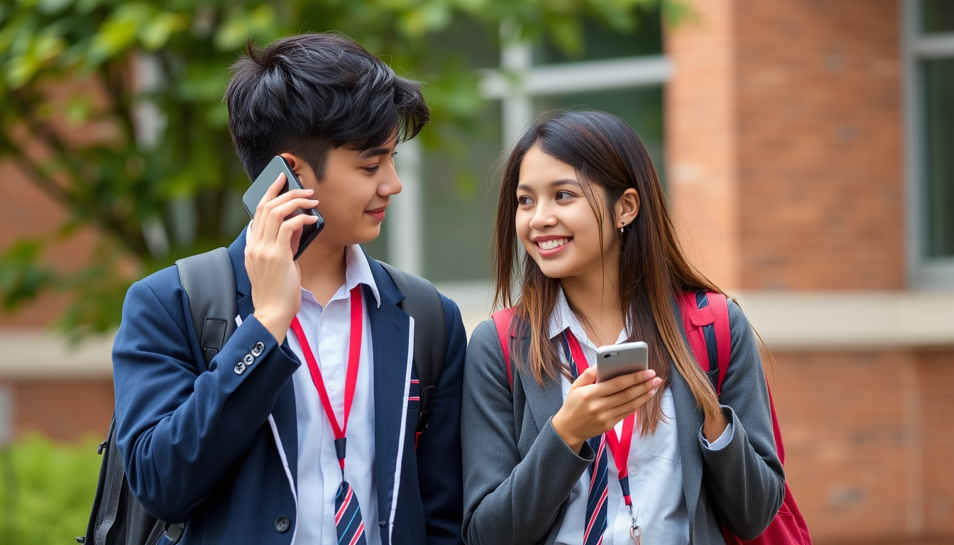 Main art studio: two students in school uniform talking to eachother on mobile phones