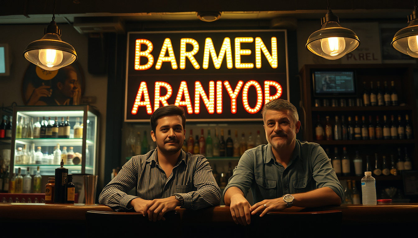 Main art studio: A realistic cinematic night scene inside a stylish but slightly shabby Turkish bar. Two close male friends are sitting side by side at the bar counter