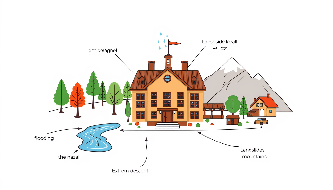 Main art studio: Create a professional educational diagram showing a school identifying local disaster risks before selecting curriculum content. Show a school surroun