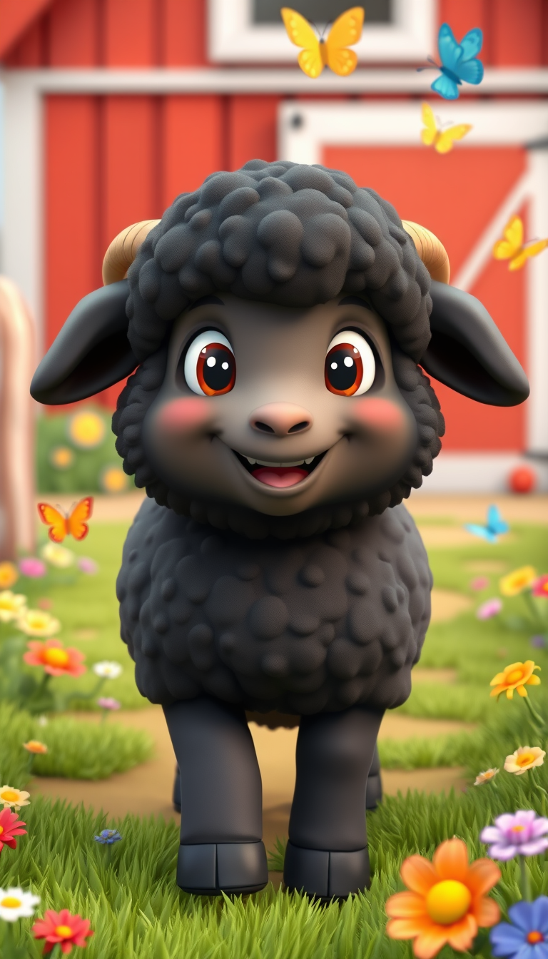 Main art studio: A cute fluffy black sheep with a friendly smiling face, big expressive eyes, small curled horns, soft 3D children's animation style, colorful cheerful
