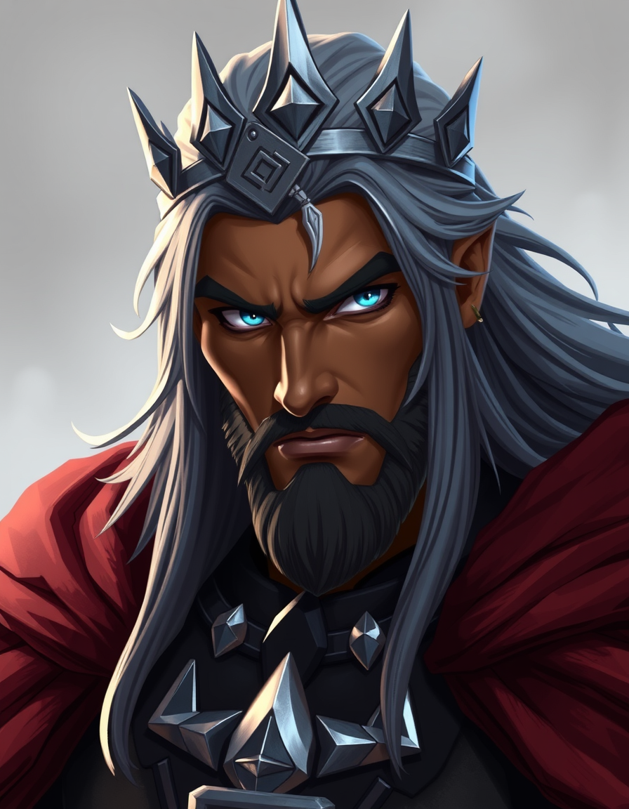Main art studio: powerful handsome fantasy king, deep caramel skin, long dark-silver hair, piercing blue eyes, strong serious gaze, dignified and intimidating, dark ro