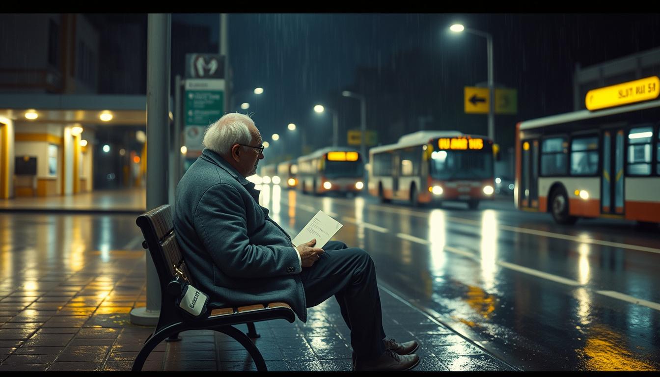 Main art studio: An elderly man sits alone on the last bench of a deserted bus station during heavy rain at night. He holds an old envelope tightly and quietly watches