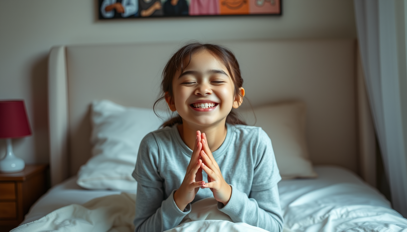 Main art studio: A 18 year old girl smiling so brightly with her eyes closed sitting in her bed her hands doing a pose