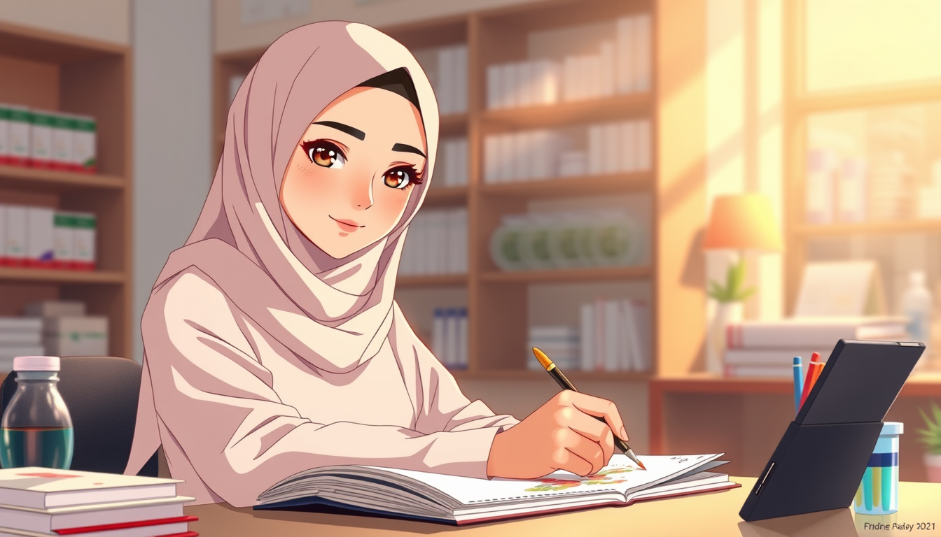 Anime idea: anime style, vibrant colors, expressive eyes, Elegant young Arab woman, 21 years old, fair skin, brown eyes, beautiful delicate face, wearing a fully