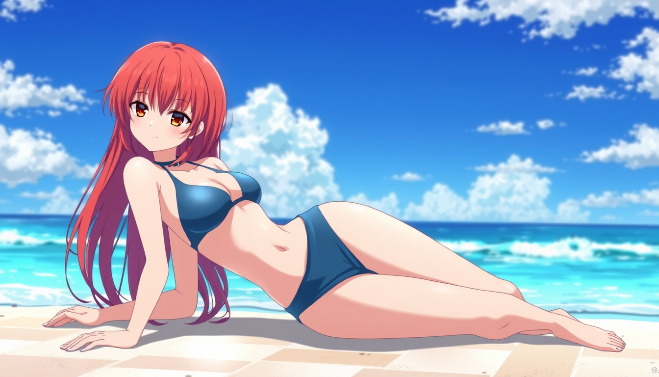 Main art studio: Red hair anime girl posing with swimsuit full body visible at the beach laying position