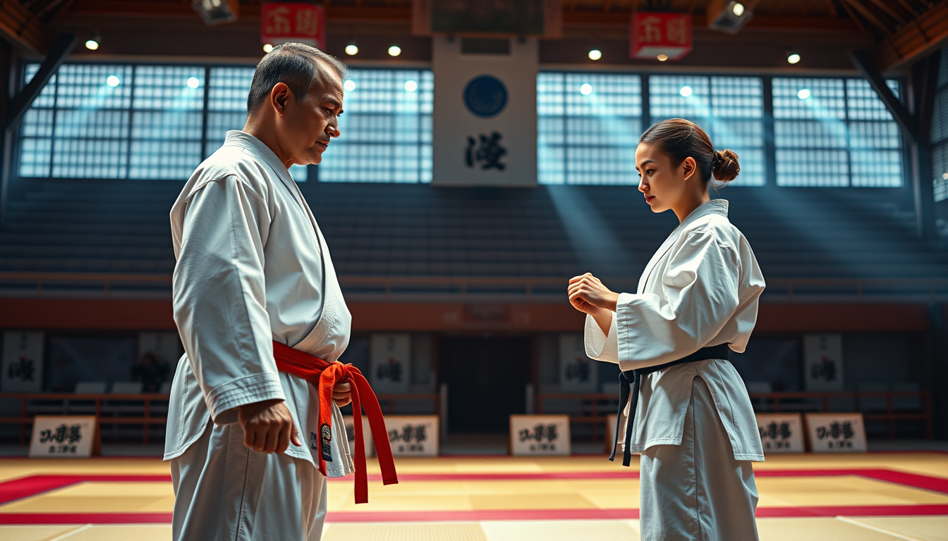 AI Art prompt example created from the prompt: Create a spectacular cinematic congratulatory video for Coach's Day, dedicated to a male Kyokushinkan Karate coach and his female student. *