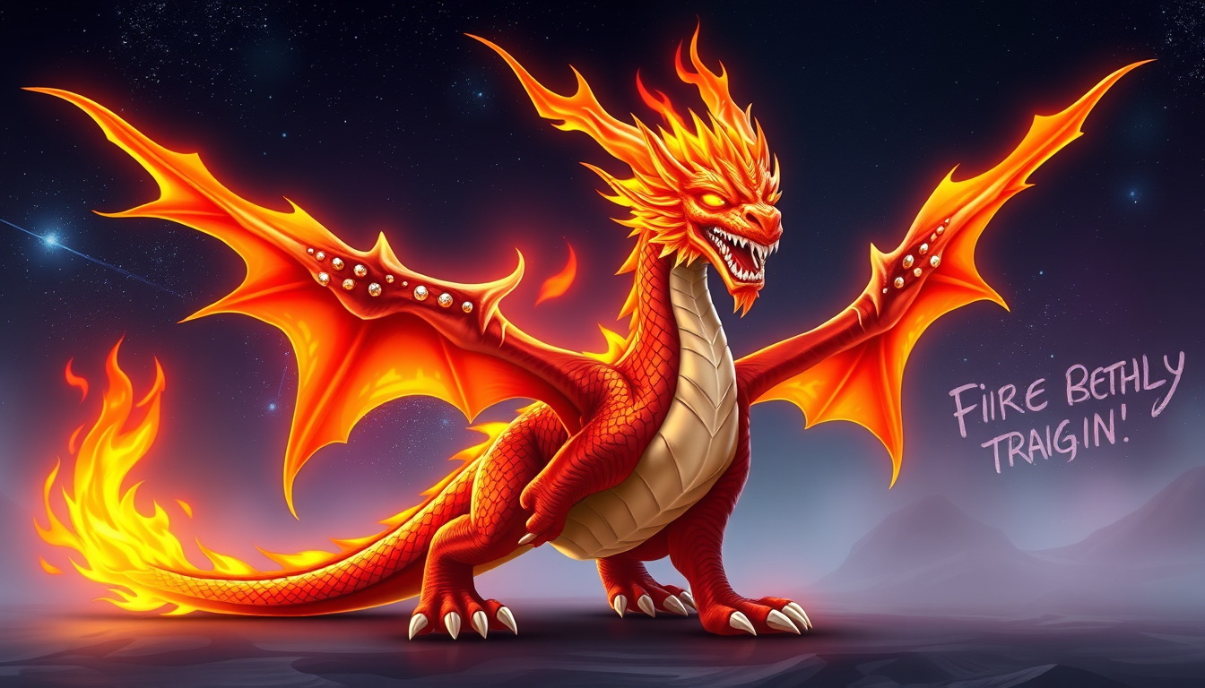 AI Art prompt example created from the prompt: Create an original powerful Fire Dragon based on the reference image, but make the design unique. Give it huge fiery wings, glowing eyes, po