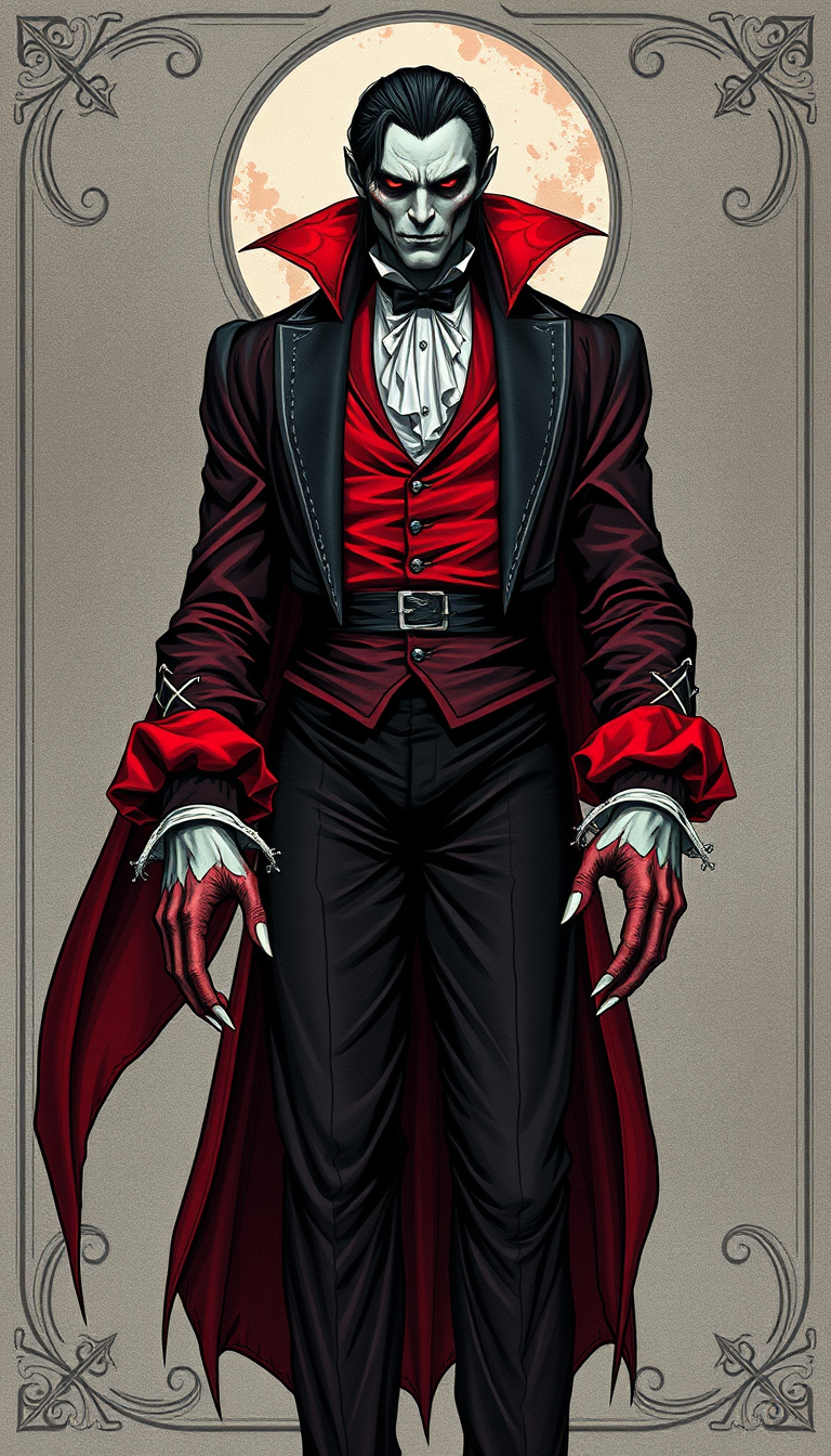 Main art studio: Vampiro gótico aristocrático, corpo alto e robusto, pele cinza enrugada, rosto monstruoso com olhos sombrios, presas e longas orelhas pontudas. Veste 