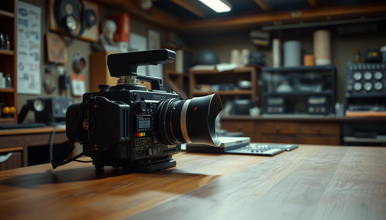 Main art studio: Cinematic vintage 1970s laboratory, a bulky prototype digital camera resting on a wooden table, exposed electronics, moody lighting, shallow depth of