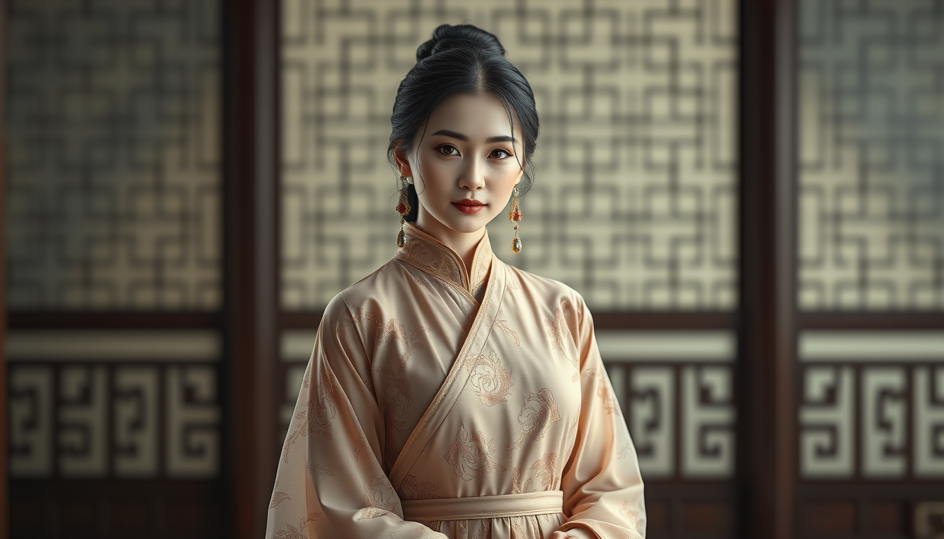 Realistic Images idea: photorealistic generated image, natural materials and skin texture, physically plausible lighting, Change the woman’s outfit to an elegant, traditiona