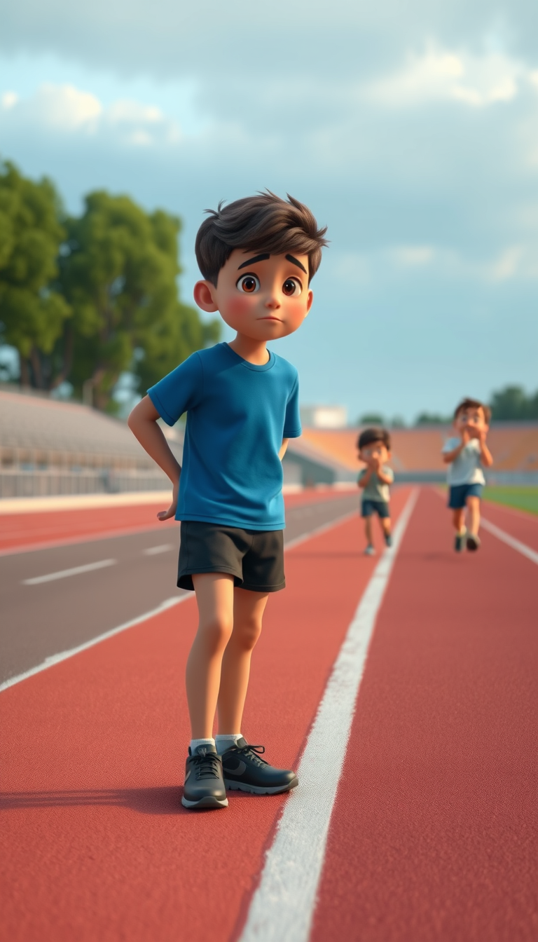 Main art studio: Same boy from the reference, wearing the same blue T-shirt, black shorts and black running shoes. He has just lost the race and stands alone near the 