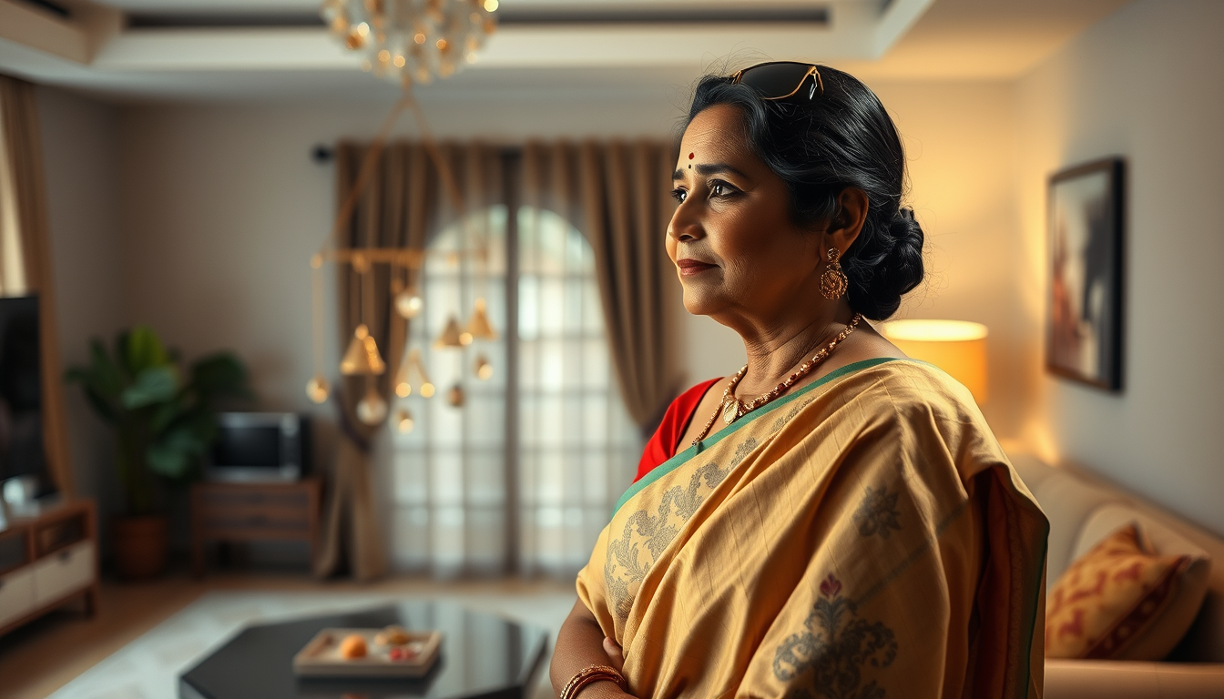Realistic Images idea: photorealistic generated image, natural materials and skin texture, physically plausible lighting, a beautiful middle-aged Indian woman wearing a sare