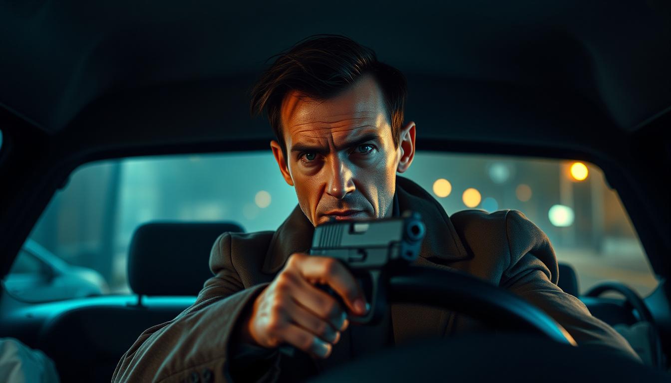 Main art studio: a skinny man with a long coat on and a hand gun make him look tired and injured also a background could be a messy room same face but with an angry fa