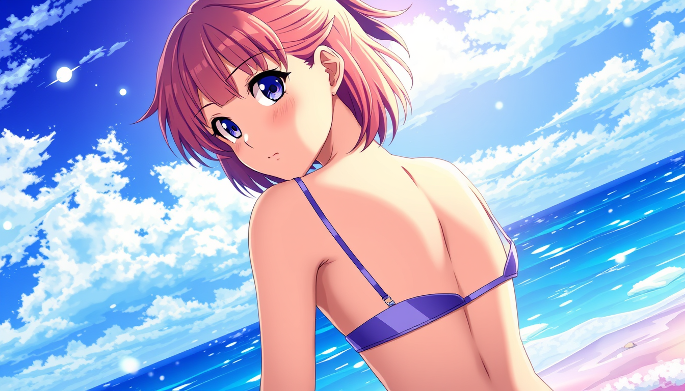 Anime idea: anime style, vibrant colors, expressive eyes, at the beach in a bikini with her back turned to me and also still keeping eye contact , detailed anime 