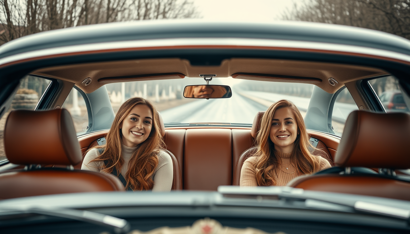 Main art studio: Ein großes, luxuriöses Auto mit braunen, vintage Ledersitzen ist von einer Scherenhebebühne hochgehoben. Alle Räder des Autos sind abmontiert. Im Auto