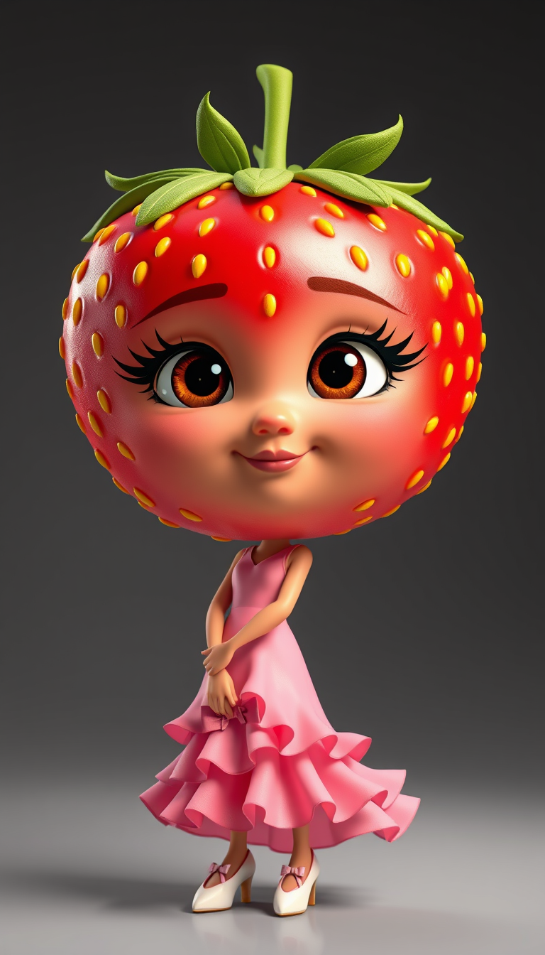 Main art studio: Beautiful 3D animated female strawberry protagonist, bright red strawberry-shaped head covered in tiny yellow seeds, green leafy crown, huge expressiv