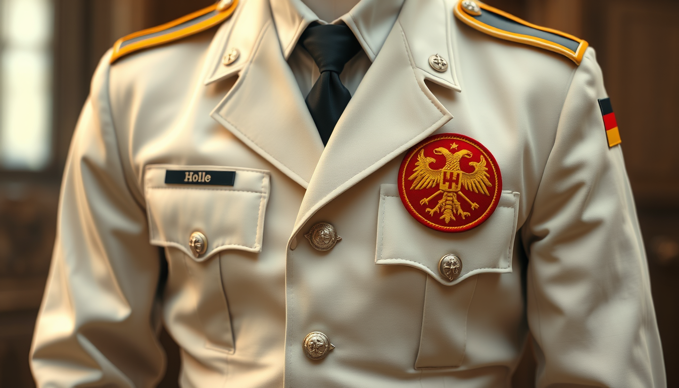 Main art studio: Eine Uniform in Weiß und Hellgrau mit einem Deutschland wappen einem Wappen mit einem orangenen stern drauf und dem Namen "M.Harbarth" darauf Die ganz