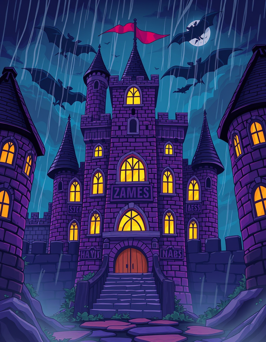 Anime idea: anime style, vibrant colors, expressive eyes, create a dark purple evil brick castle building during the night time in a storm with simple Toon cel-sh