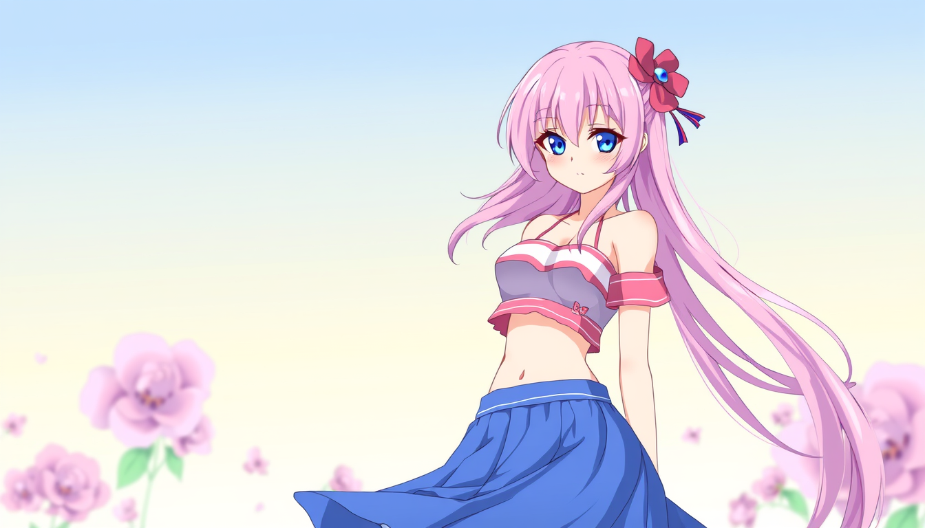 Main art studio: A anime women / femboy, she has pink hair with blue eyes, she's wearing a blue skirt with pink and white crop,