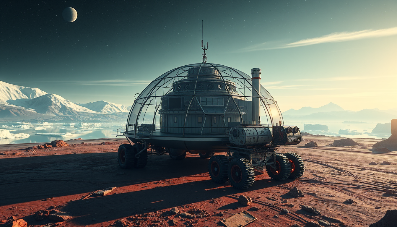 Main art studio: A colony on Kepler-186f that is surrounded by a glass dome and has house like buildings that are made of steel and a ice lake outside that is being pu