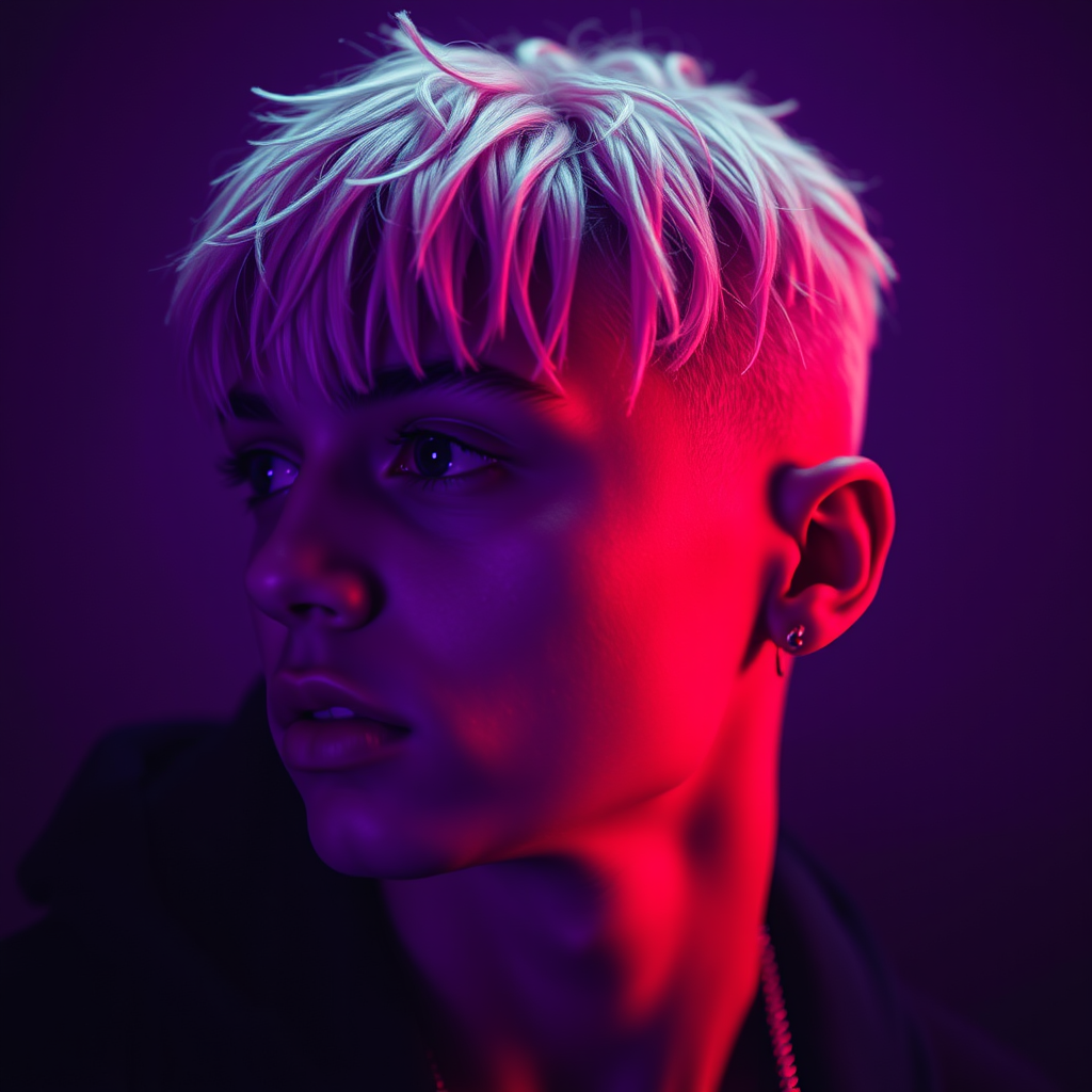 Main art studio: Square 1:1 profile picture of Juice WRLD, face perfectly centered and clearly visible. Dark, cinematic 2018–2019 emo-rap aesthetic, deep purple and cr