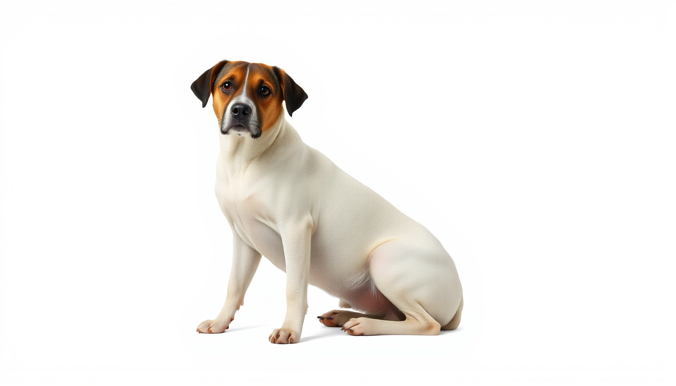 AI Art prompt example created from the prompt: A single dog, realistic, full body, sitting, plain background, no people.