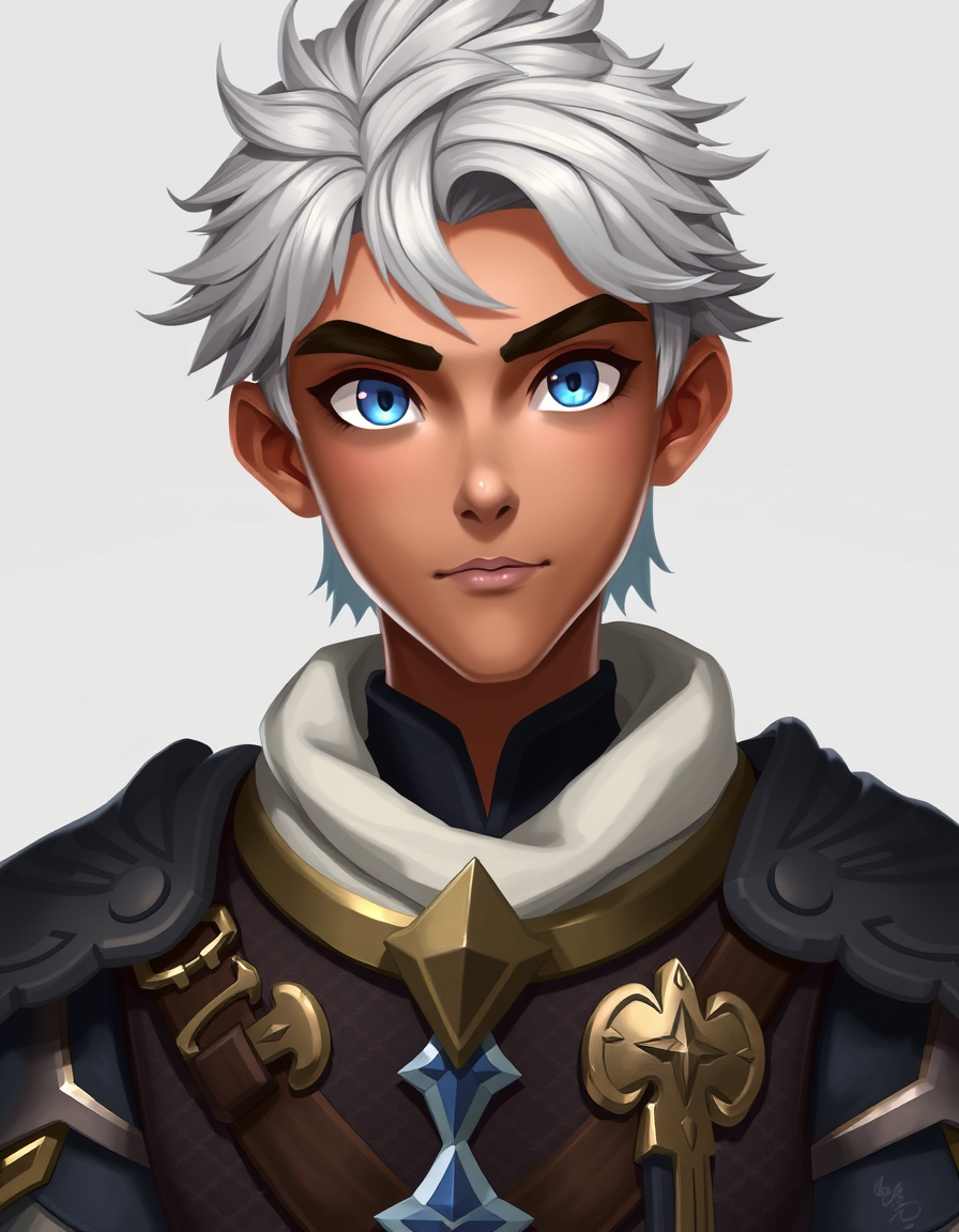 Main art studio: Young handsome fantasy prince, silver hair, blue eyes, deep caramel skin, strong gaze, serious and honorable, competitive and slightly arrogant, elega