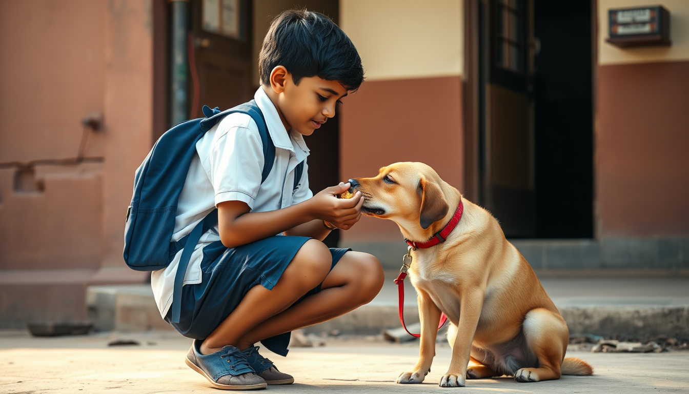 Main art studio: A 10-year-old Indian schoolboy, same appearance as Scene 1, wearing a white school shirt, navy shorts and blue backpack, crouches outside his school a