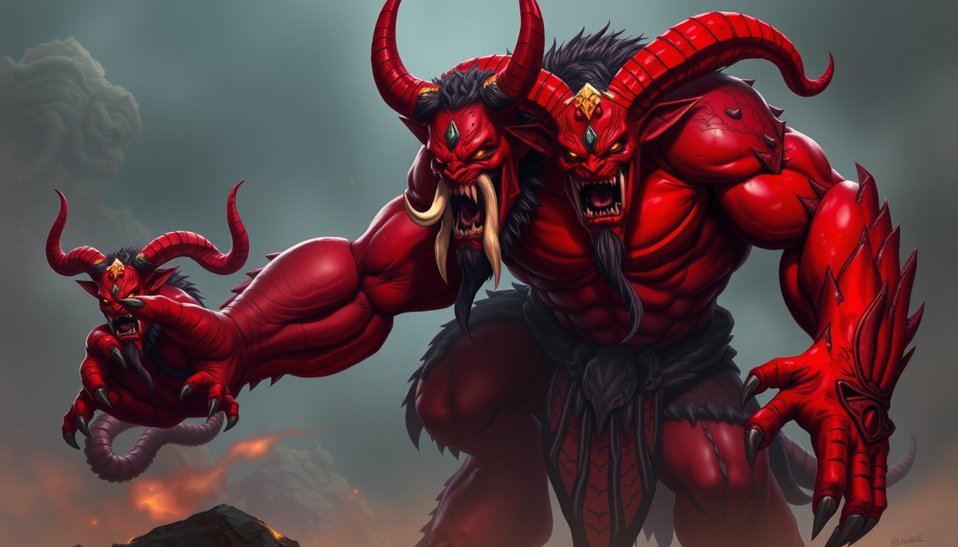 AI Art prompt example created from the prompt: towering oni‑like demonfolk with crimson, scarlet, or deep red skin tones. Their horns vary widely — curled, jagged, spiraled, crown‑like —
