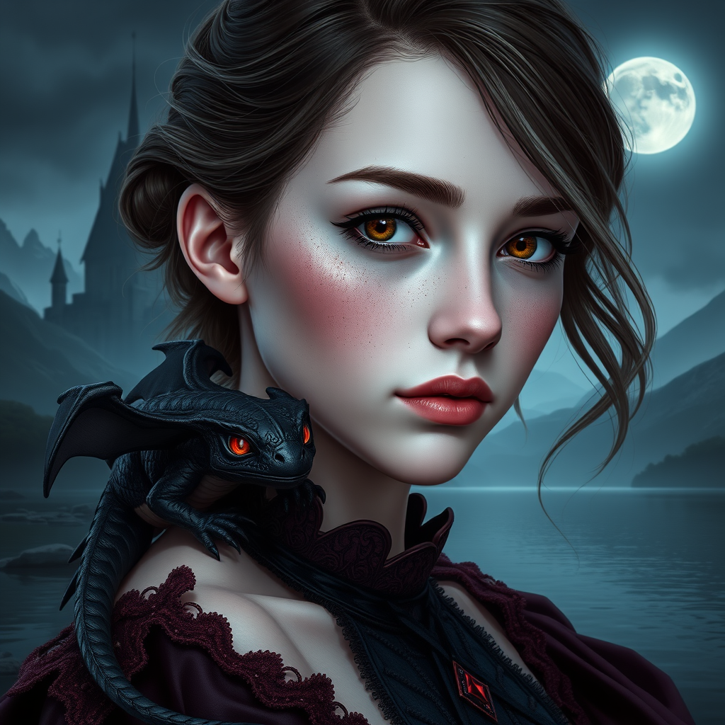 Main art studio: Semi-realistic fantasy portrait of a young adult woman with very pale, cool porcelain skin, a soft rounded face, large expressive brown eyes, a natura