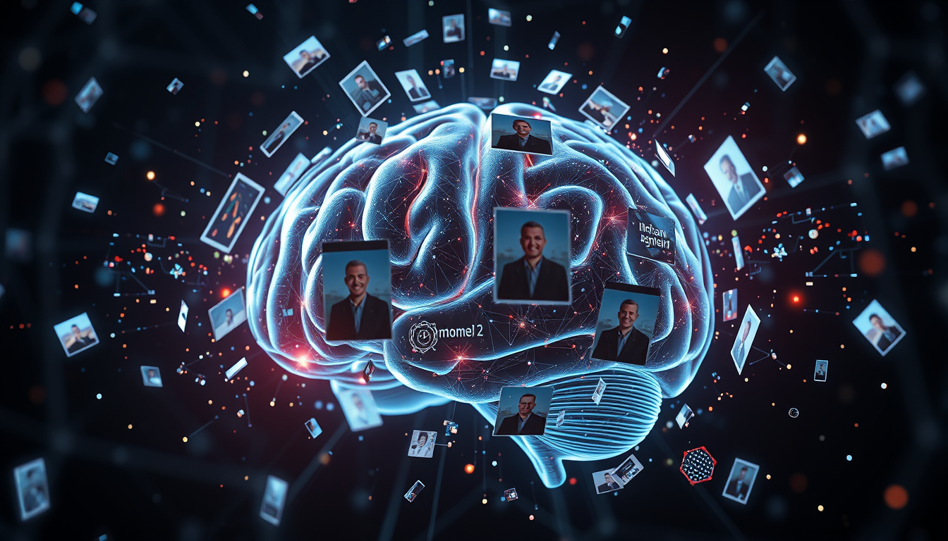 Main art studio: Human brain processing memories, floating photographs and information particles moving around the brain, futuristic scientific visualization, cinemati