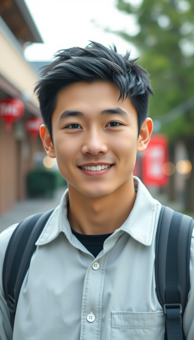 Main art studio: Japanese university campus drama style, live action aesthetic, 21-year-old Chinese exchange student, short neat black hair, handsome East Asian face,