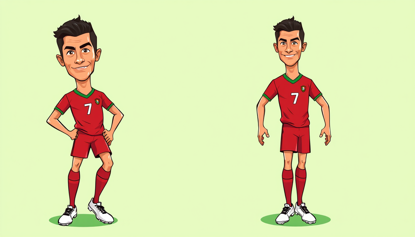 Main art studio: Cristiano Ronaldo, recognizable face, short dark faded hair, strong eyebrows, angular jawline, confident expression. Tall slim body, long neck, exagge