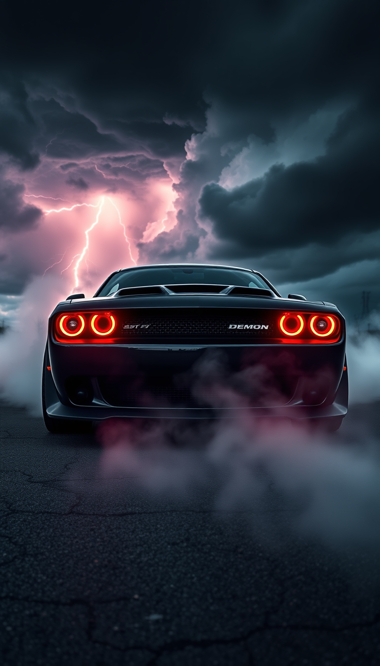 Main art studio: Vertical 9:16 mobile wallpaper, a sinister black Dodge Challenger SRT Demon sitting beneath a massive stormy sky, red headlights glowing through heavy