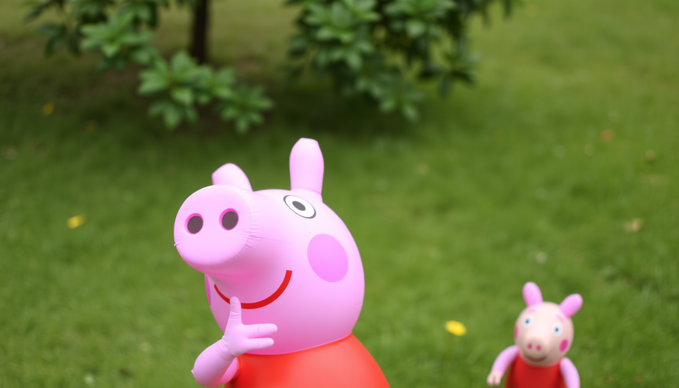 Main art studio: Inflatable Peppa Pig with finger your lips, snap your fingers and beatboxing.