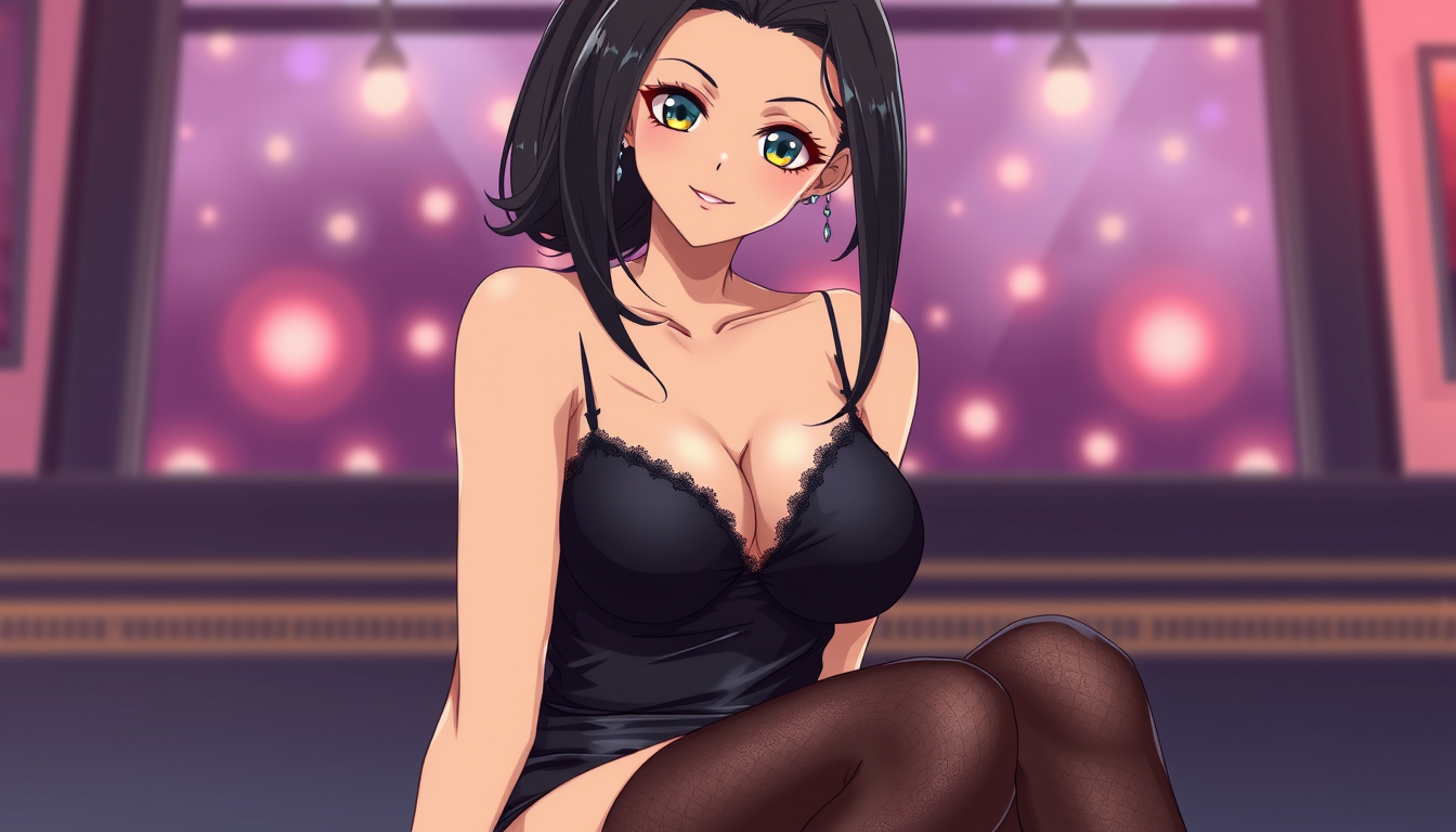 Anime idea: anime style, vibrant colors, expressive eyes, adult anime woman, clearly 25 years old, glamorous and seductive fashion, fitted black dress, thigh-high
