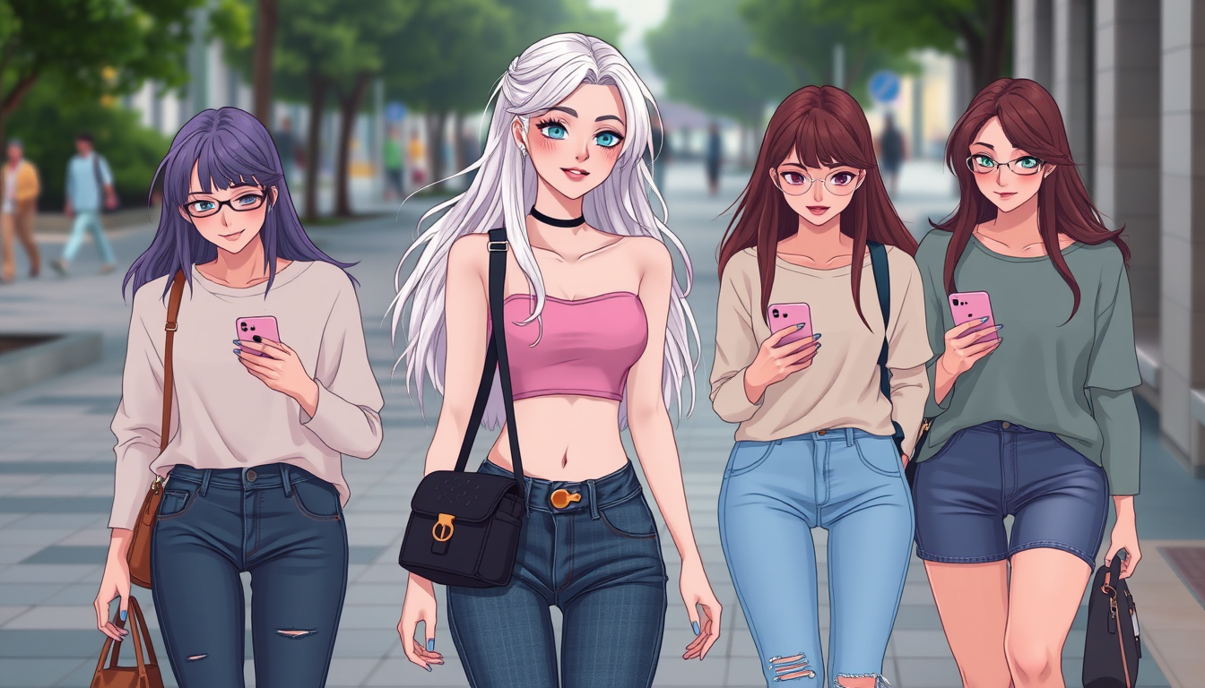 Main art studio: Une personne imaginaire à la peau blanche, avec des cheveux très longs jusqu’à la taille et des mèches violettes et roses, portant un crop top et un j