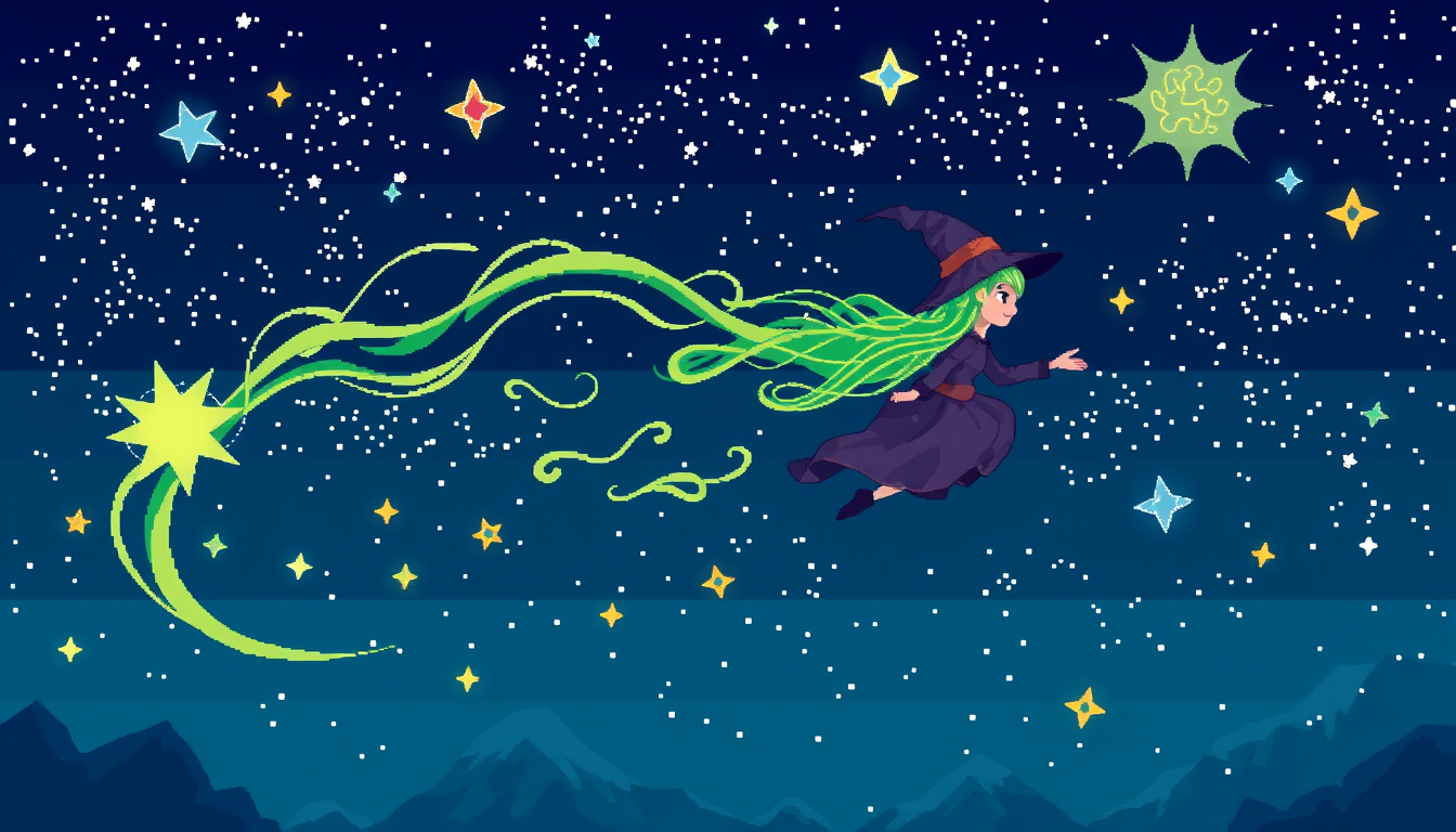 Pixel Art idea: pixel art, 32-bit retro style, limited color palette, clear readable design, witch flying through a starry night sky, flowingcucumber, magical sparks 