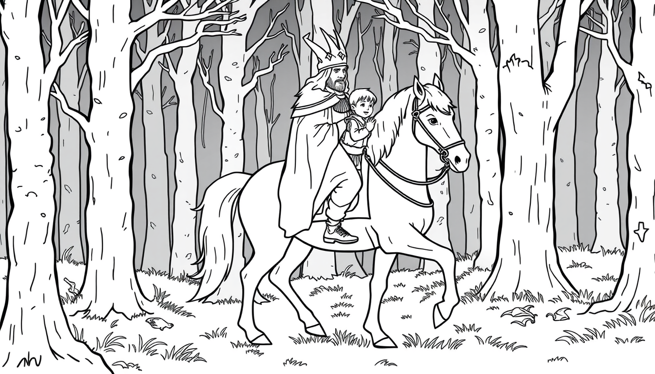 Coloring Book idea: coloring book page, clean black outlines, no shading, white background, Der Erlkönig aus Goethes Ballade, gruselige aber kindgerechte Figur auf einem