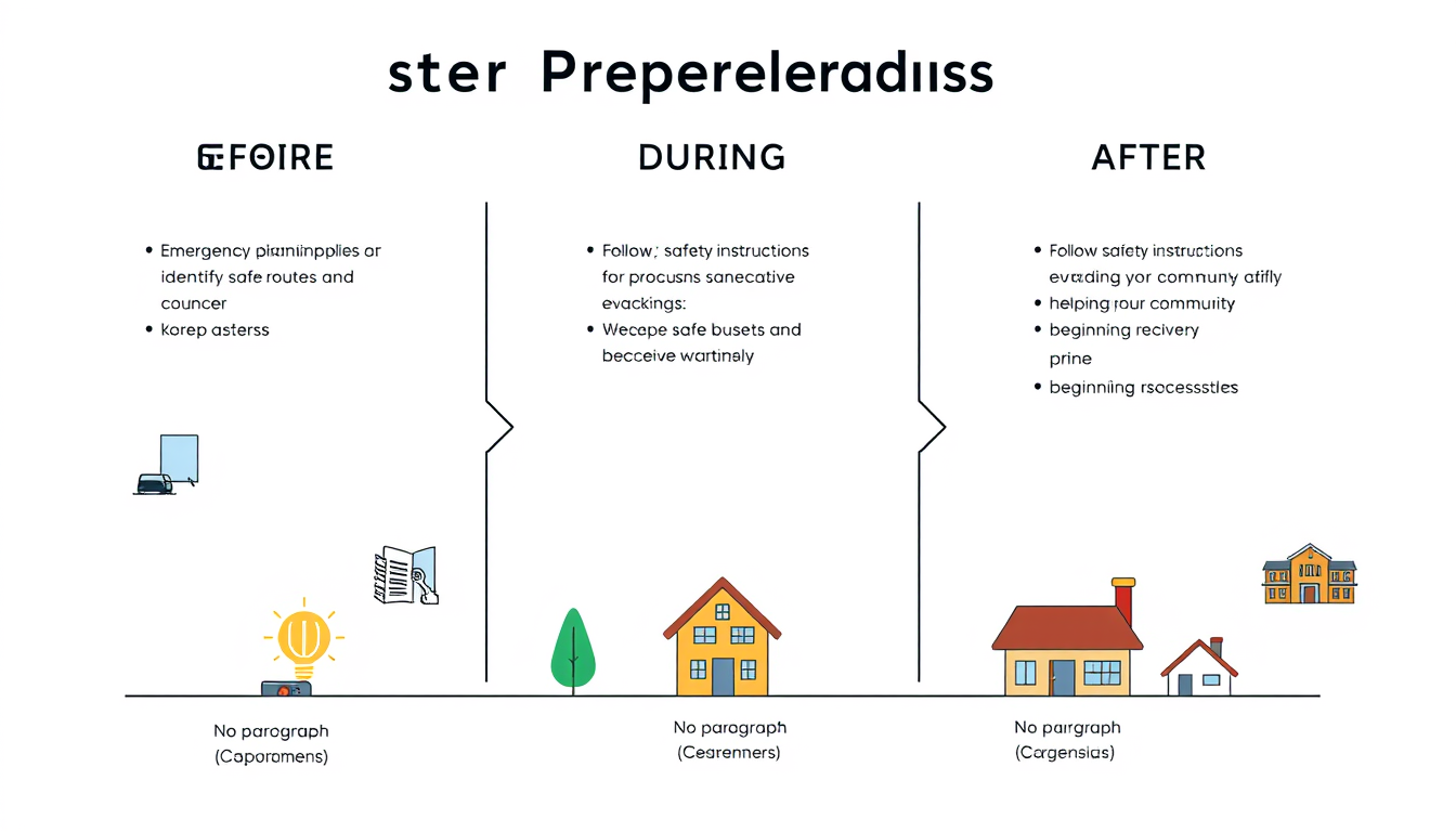 Main art studio: Create a clean academic educational diagram showing disaster preparedness actions before, during, and after an emergency. Divide the visual into three
