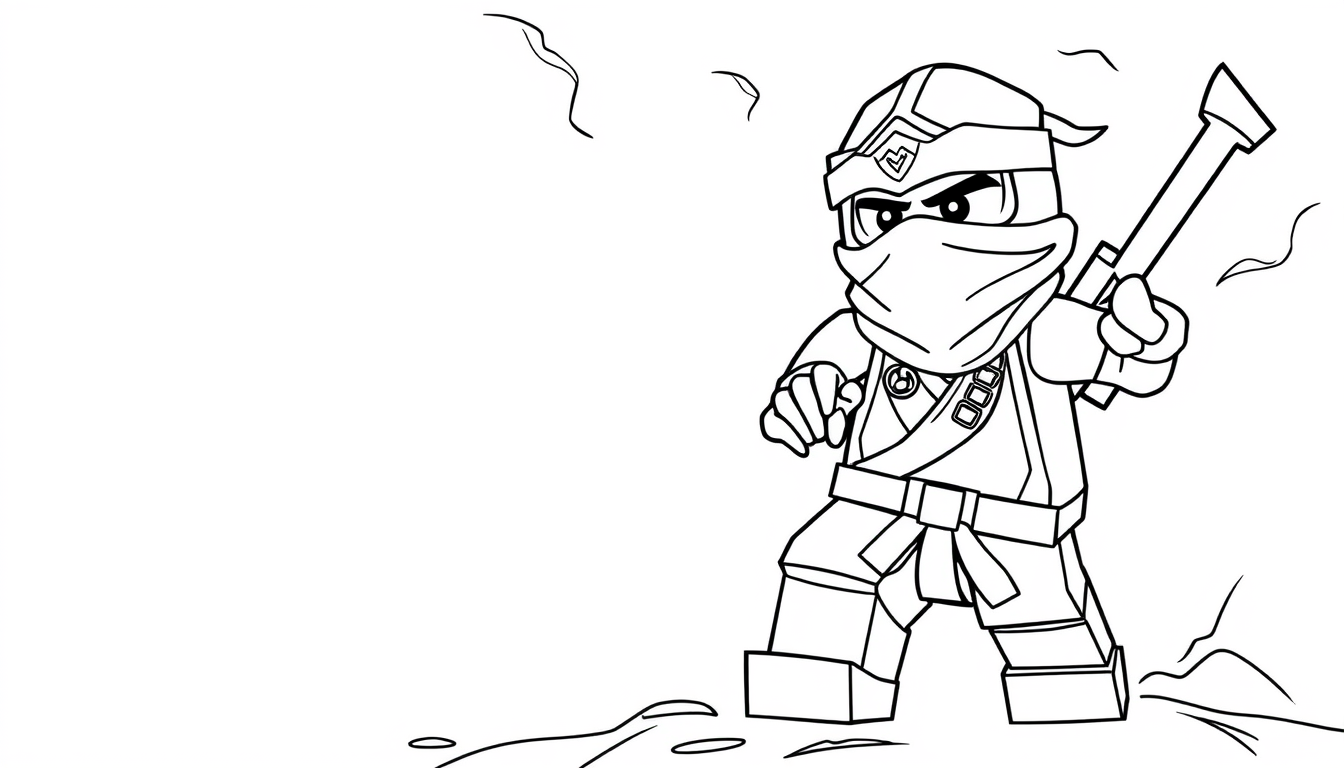 AI Coloring Page idea created from the prompt: black-and-white coloring page, bold clean outlines, large enclosed areas, no shading, cors de ninja dans ninjago , printable coloring book p