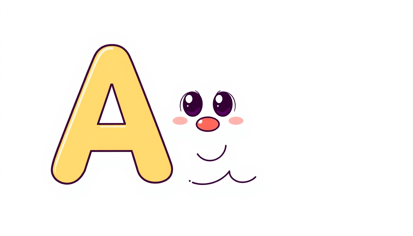 Main art studio: A single adorable uppercase letter A as a cute cartoon character for a children's alphabet storybook. The letter A itself has two big sparkling cute e