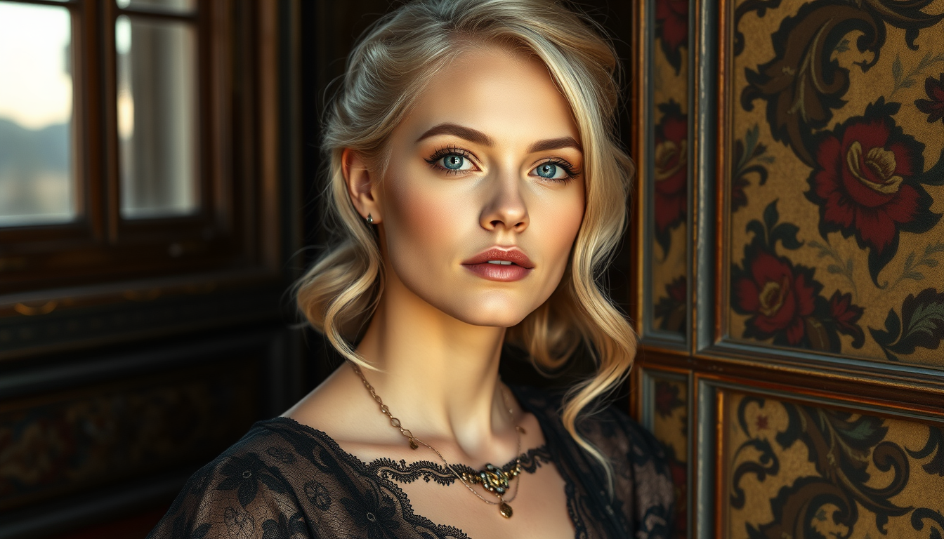 Main art studio: Une femme de l'époque blonde très claire et sa peau de la mm couleur que ses cheveux yeux bleus un duvet rose
